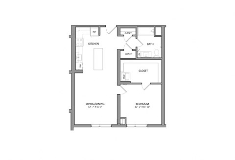 Floor plan for 1 bed, 1 bath, 735 sqft